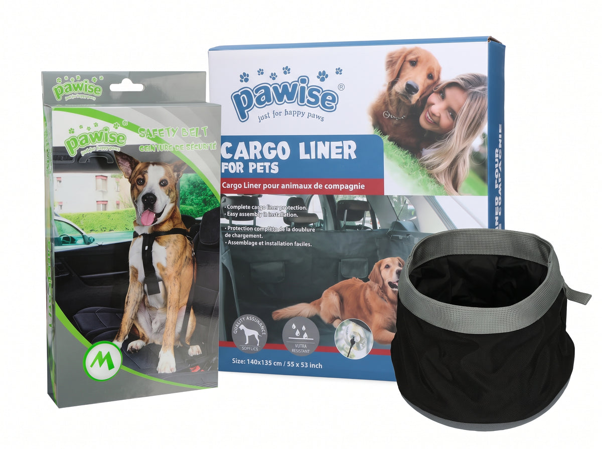 Pack Voyage & Sécurité Voiture pour Chien – Housse Imperméable + Harnais de Sécurité + Gamelle Pliable Offerte